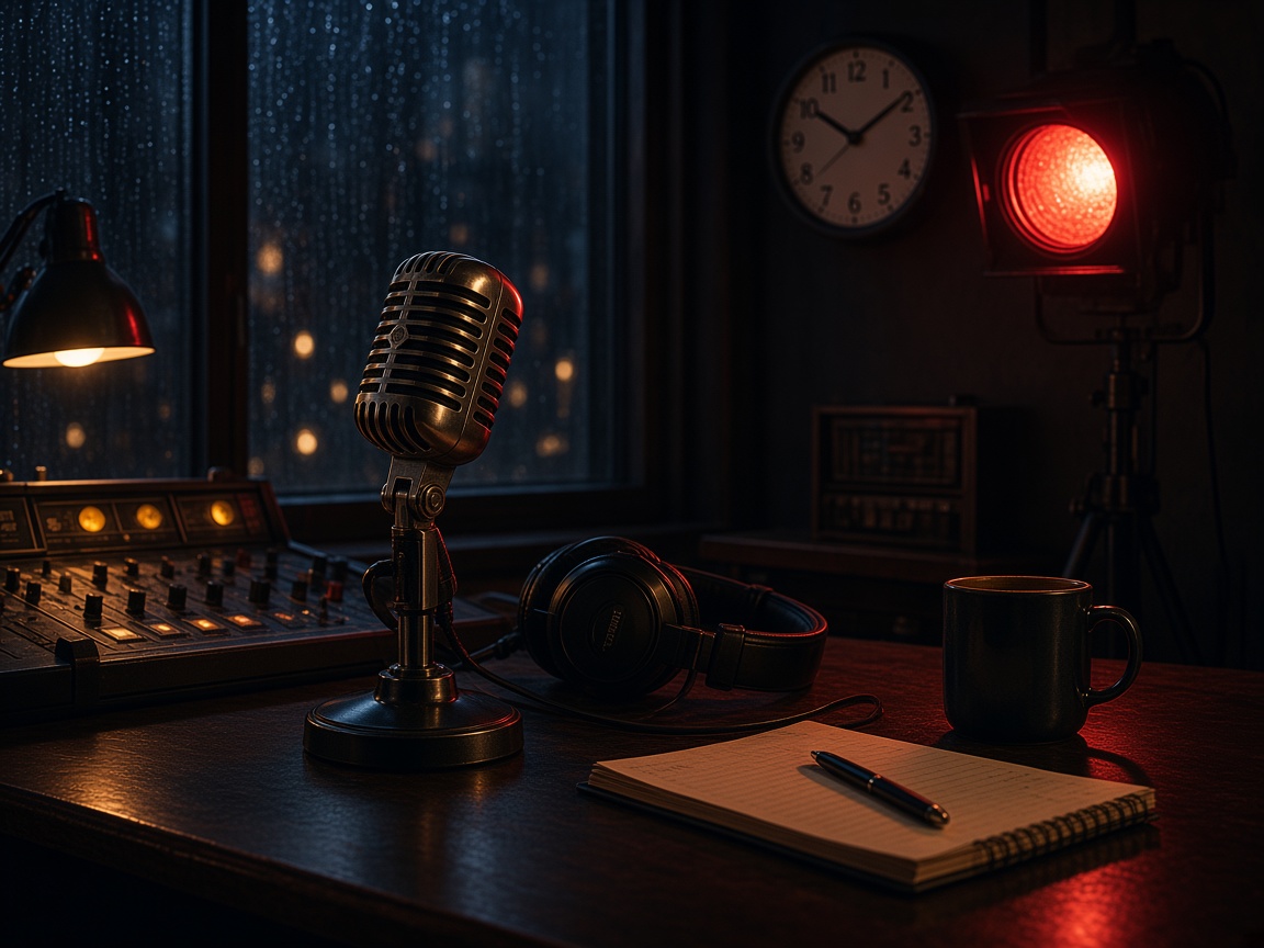 A late-night radio studio with a microphone, mixing desk and headphones.
