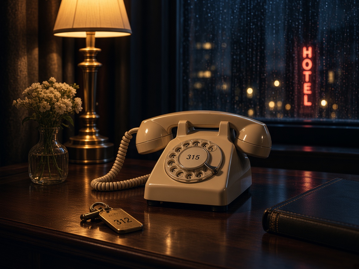 A cream rotary telephone on a hotel desk at night, beside a brass room key and a glowing lamp.