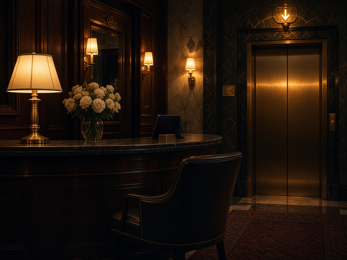 A hotel lobby at night, lamp on the reception desk and lift doors beyond.